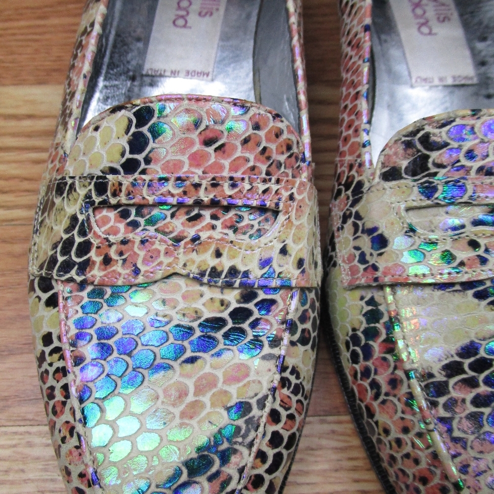 Vintage Italian Leather Iridescent Snakeprint Loafers Phyllis Poland 8 - Picture 2 of 10